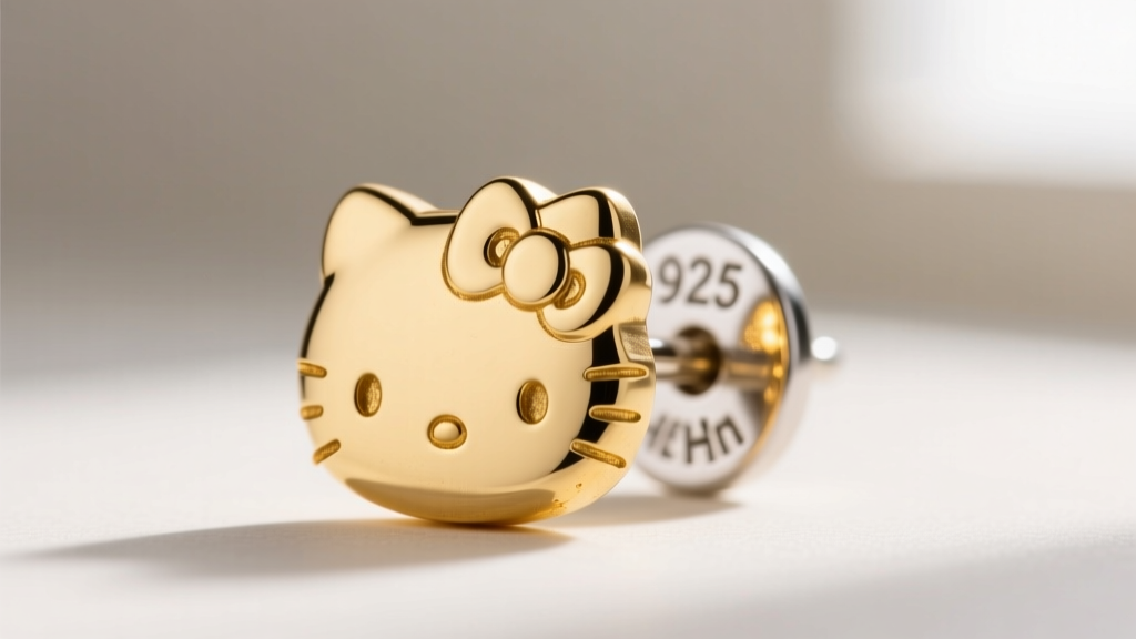 Macro shot of a gold vermeil Hello Kitty earring post showing the 925 silver hallmark stamp and slight gold plating wear near the back
