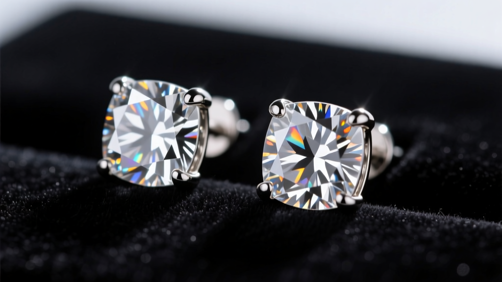 Macro shot of platinum cushion diamond stud earrings on dark velvet under soft studio lighting revealing facet brilliance