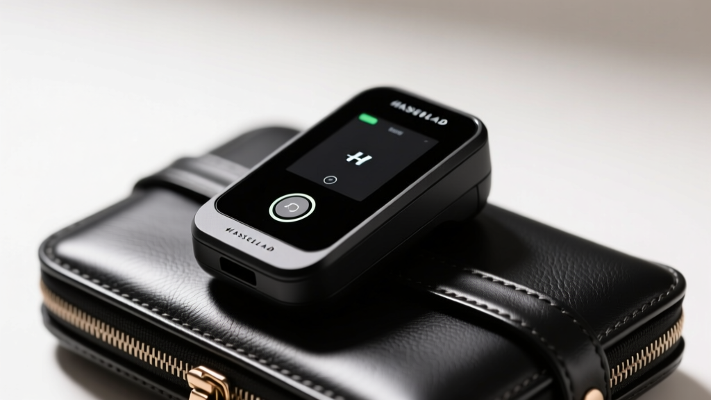 Macro shot of a matte-black biometric scanner on a vegan leather jewelry travel case, illuminated by soft studio lighting