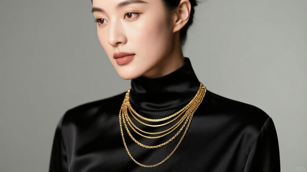 Close-up of a woman wearing a multi-strand gold vermeil bolero necklace draped over a black silk blouse in soft studio lighting