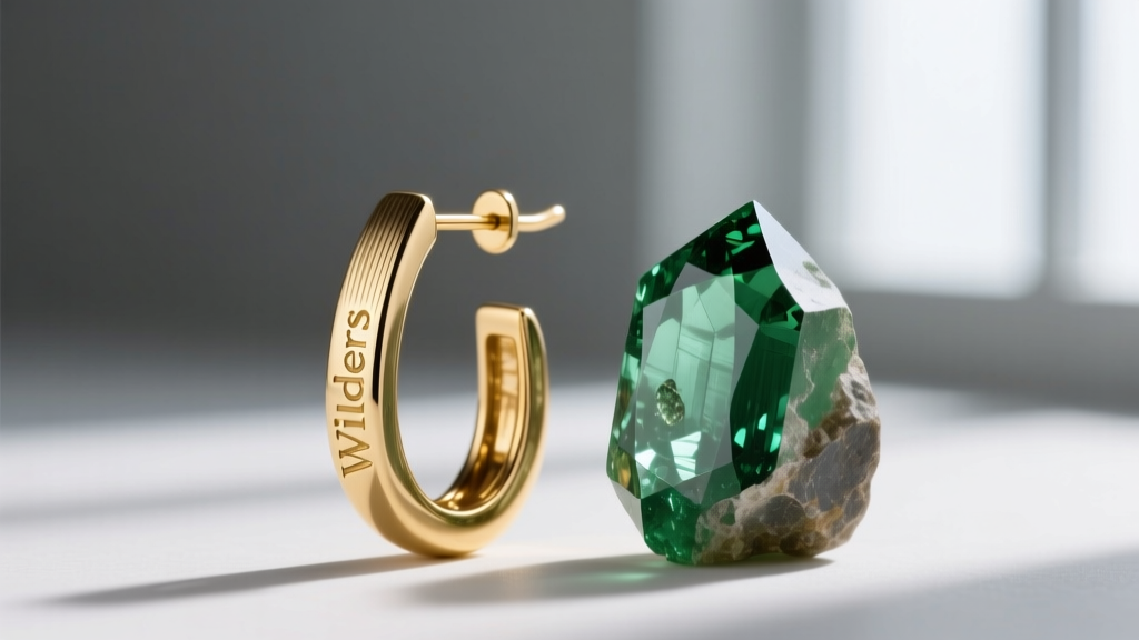 Macro photography of a 14k gold-filled Wylders earring hook next to a rough-cut green tourmaline crystal with textured metal
