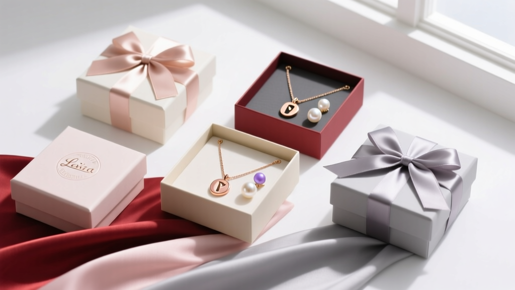 Flat lay of curated bridesmaid gift boxes with PVD-coated stainless steel initial necklaces and pearl earrings on silk