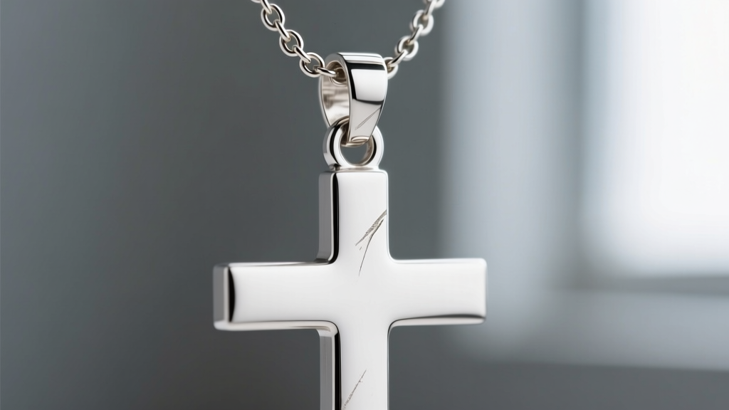 Macro shot of a horizontal sterling silver cross pendant showing the soldered jump ring attachment point on a rolo chain link
