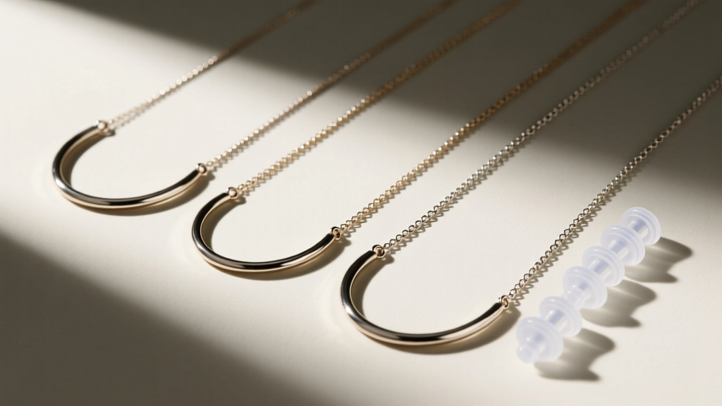 Flat lay of three lariat necklaces showing 0.8mm to 3.0mm gauges alongside clear silicone jewelry stoppers, top-down view