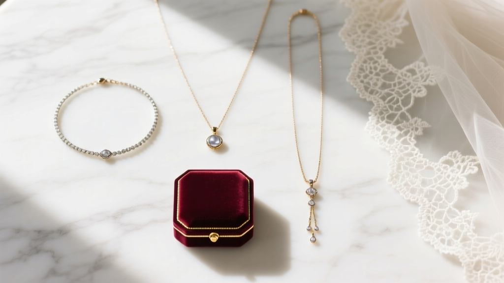 Flat lay of three bridal necklaces of varying lengths, a velvet ring box, and a lace veil on a bright marble surface, shot from above.