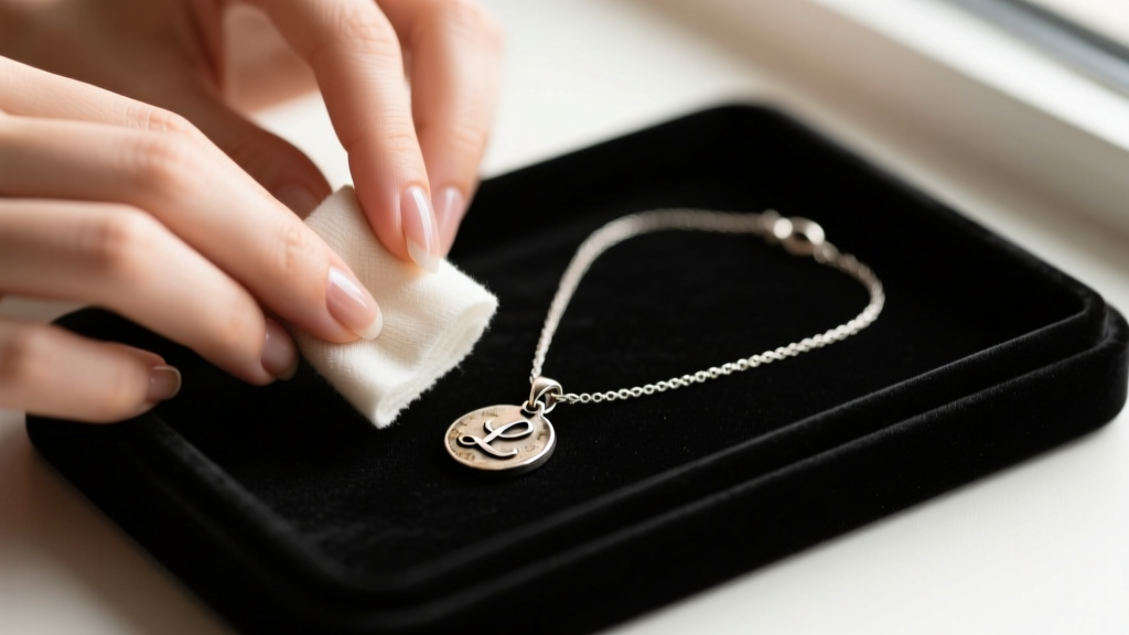 Hands using a microfiber cloth to buff a tarnished sterling silver initial charm necklace resting on a dark velvet jewelry tray.