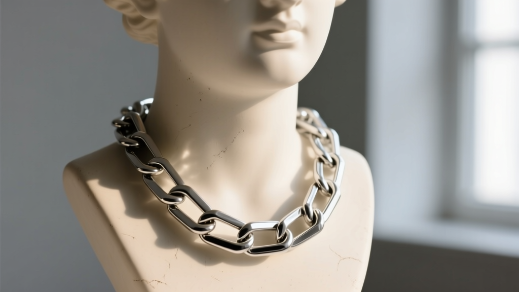 Close-up of a silver box chain on a ceramic bust, showing geometric square links and light reflecting off polished metal surfaces.