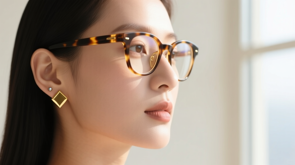 Close-up profile of a woman wearing tortoiseshell glasses and minimalist 14k gold flat-back threadless lobe stud earrings.