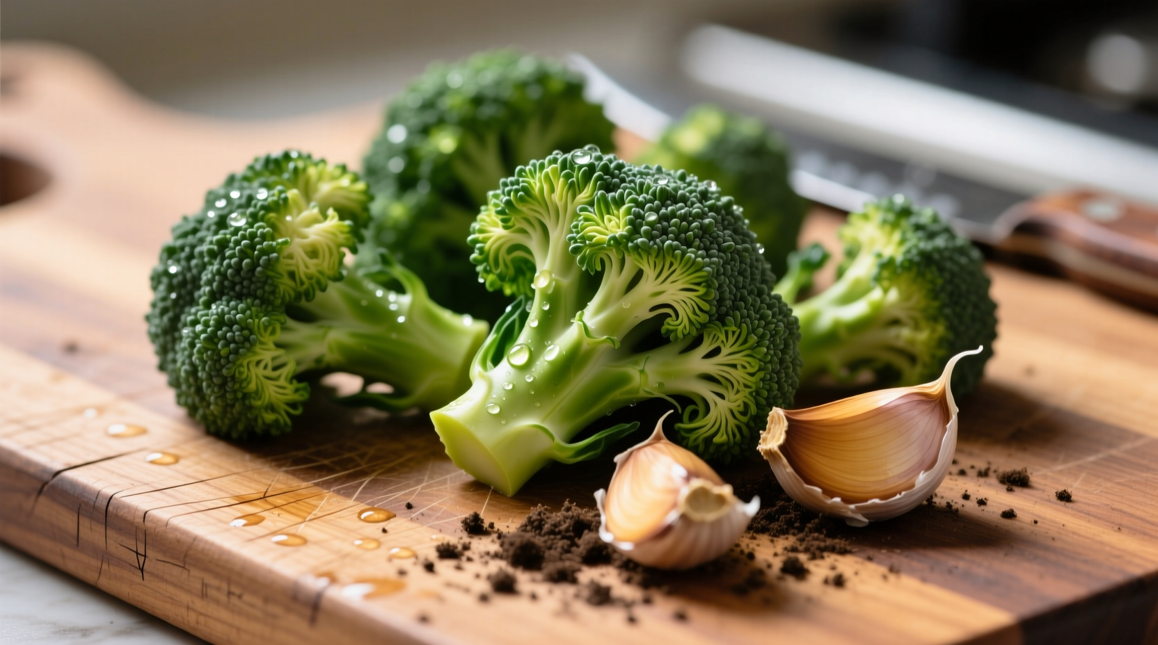 Fresh broccoli florets and garlic cloves on wooden cutting board