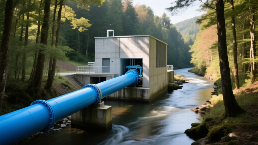 Small-scale run-of-river hydroelectric plant with blue HDPE penstock feeding a modular concrete powerhouse by a forest stream