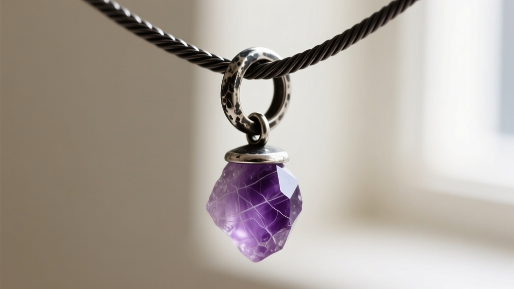 Macro shot of a 22-gauge oxidized silver jump ring connecting a raw amethyst charm to a delicate dark cable chain necklace.