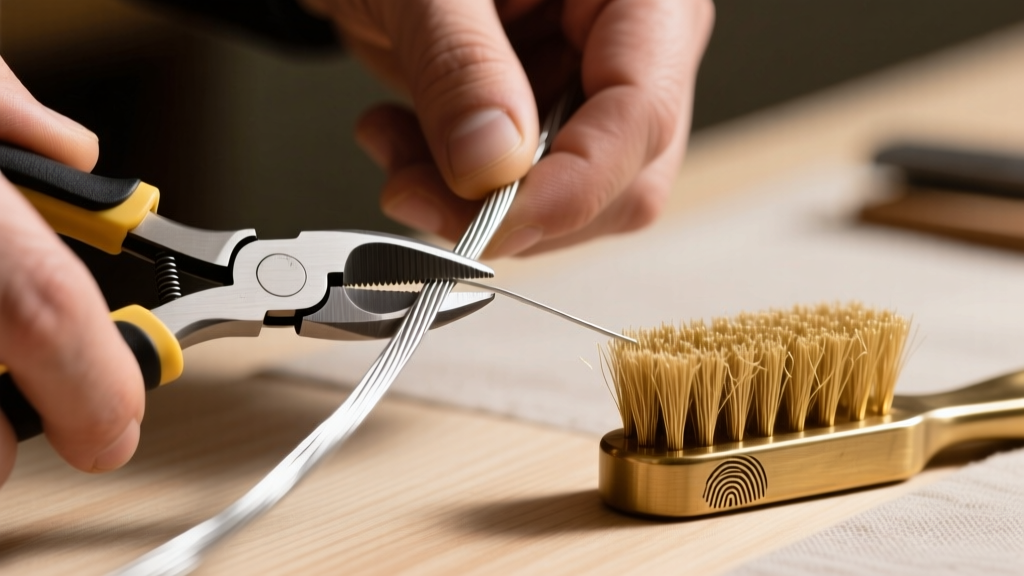 Close-up of hands using flush cutters to trim a piece of 22-gauge dead soft sterling silver wire next to a brass bristle brush
