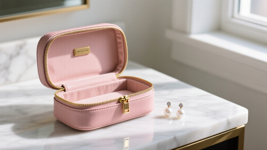 Close-up of a blush pink leather travel jewelry case with gold zipper, resting on a marble vanity next to pearl drop earrings