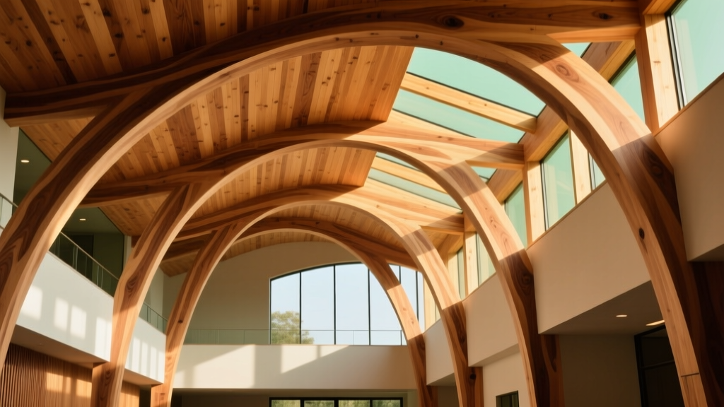 Curved glulam timber bows and steam-bent wooden arches framing a modern atrium roof, highlighting structural grain.