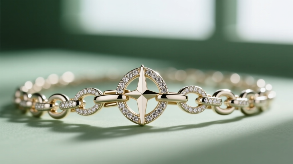 Macro shot of a 14k white gold evenstar necklace clasp and chain links, highlighting rhodium plating against a blurred background