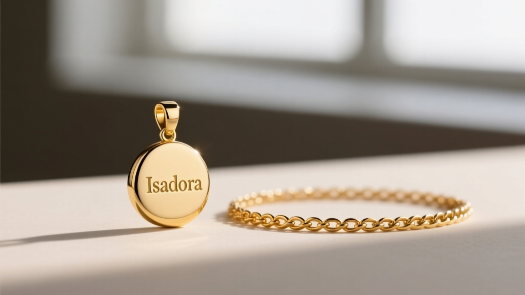 Gold vermeil Isadora pendant next to a solid 14k gold chain, highlighting the subtle differences in color warmth and metal finish