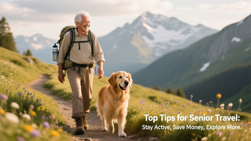 Senior traveler walking a dog along a scenic mountain trail