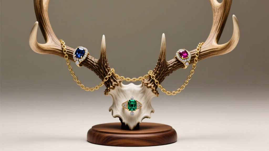 Naturally textured whitetail antler on walnut base displaying heavy gold chains and gemstone rings in soft studio lighting
