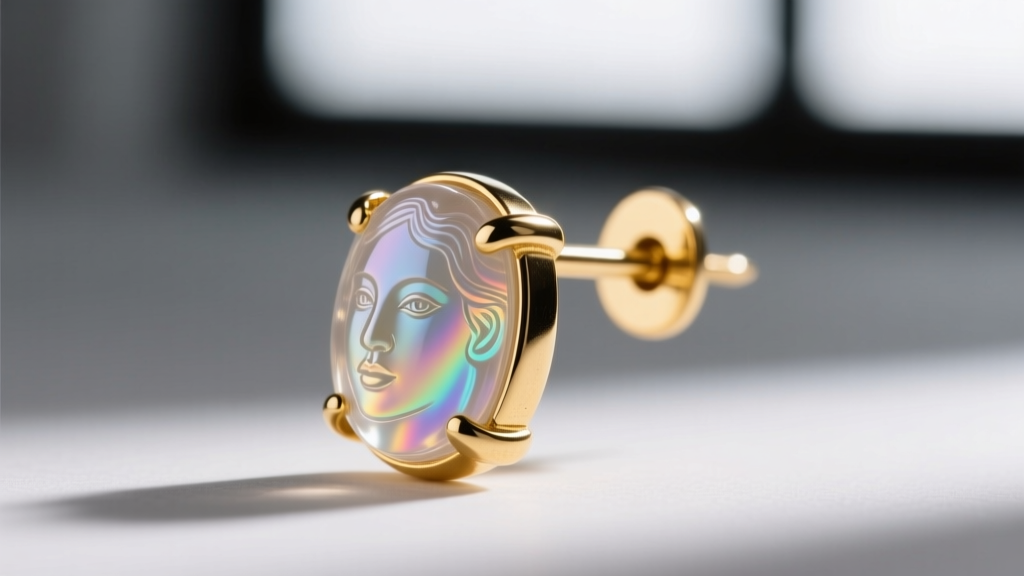 Macro shot of a converted pierced earring showing a secure two-part epoxy bond between a resin cameo and a gold-filled earring post base