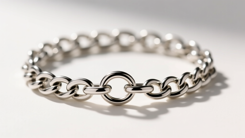 Close-up of a thick silver rolo chain on an anxiety pendant, highlighting interlocking links and a secure clasp in soft daylight
