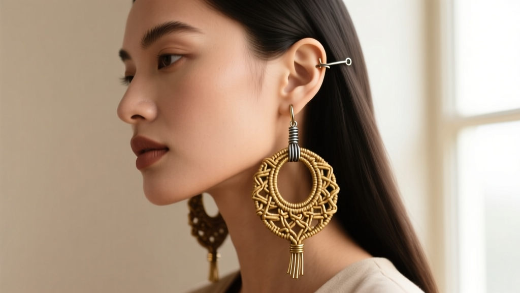 Side profile of a model wearing heavy macrame brass hippies earrings, highlighting an 18-gauge reinforced wire supporting the ear.