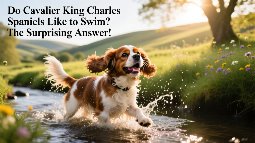 A happy Cavalier King Charles Spaniel shaking off water after a gentle dip, tail wagging enthusiastically