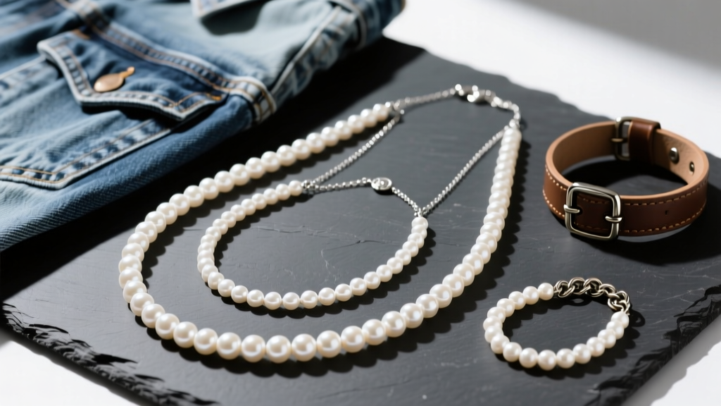 Overhead flat lay of three pearl necklaces at 18, 22, and 26 inches, paired with streetwear accessories on a dark slate surface.