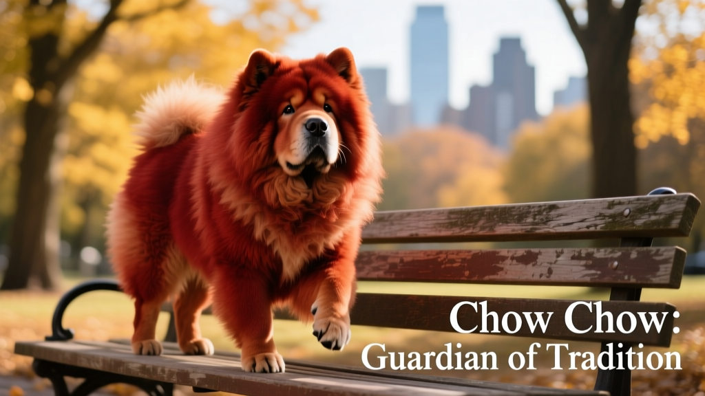 Red Chow Chow standing on bench