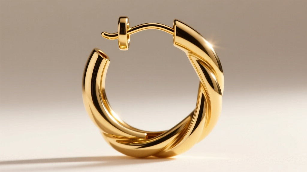 Macro shot of a 14-gauge gold latch-back clasp on a thick retro hoop earring, clearly showing the V-wire hinge mechanism in focus.