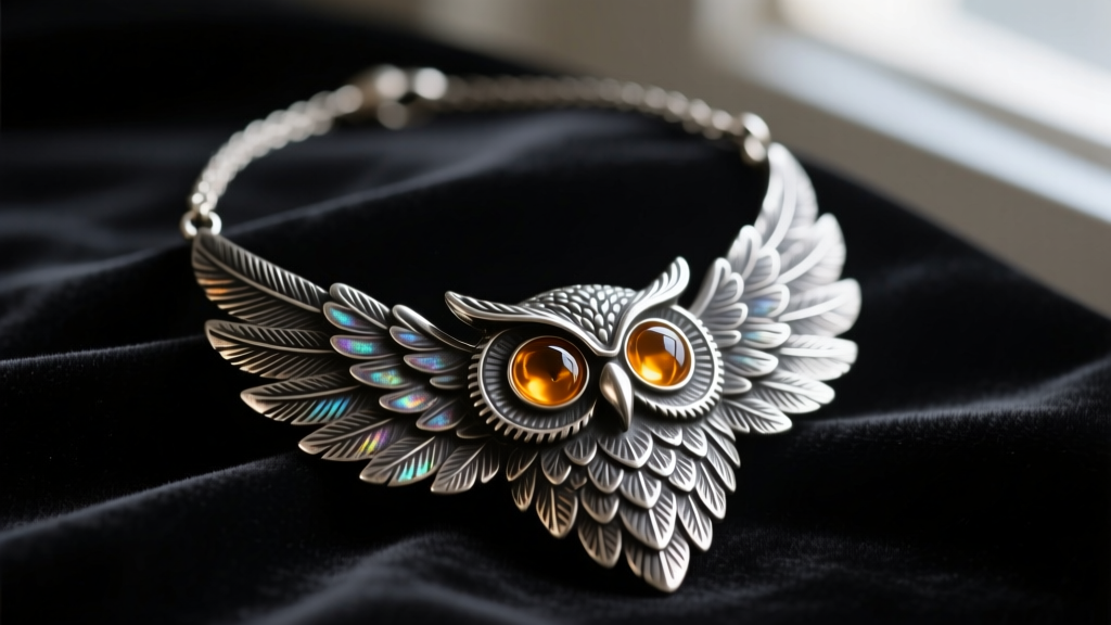 Close-up of an ornate vintage owl necklace with oxidized silver feathers and amber glass eyes resting on a dark velvet cloth.