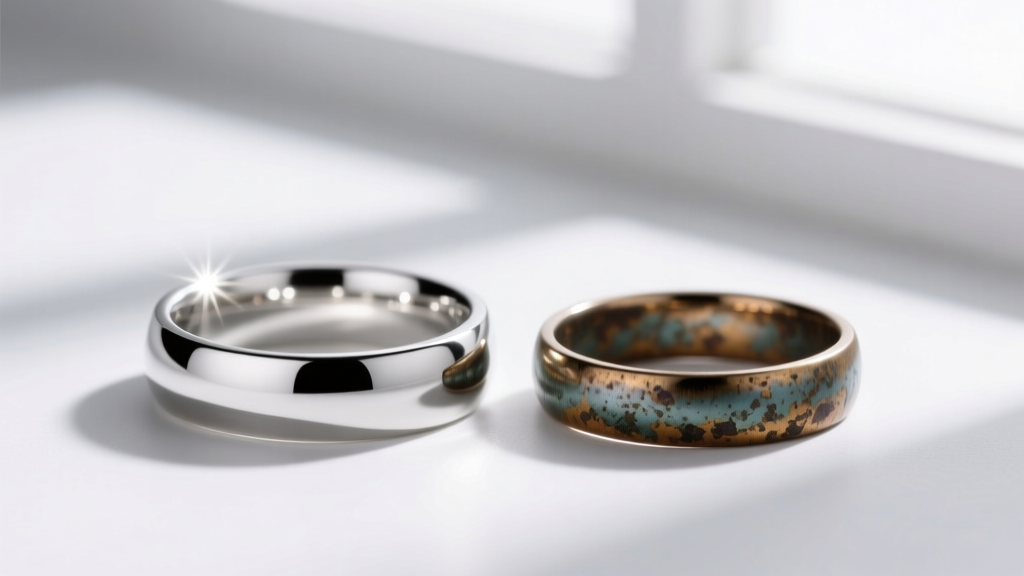Close-up of a newly polished Pt950 wedding band reflecting studio lights next to an identical band showing a heavy natural patina.