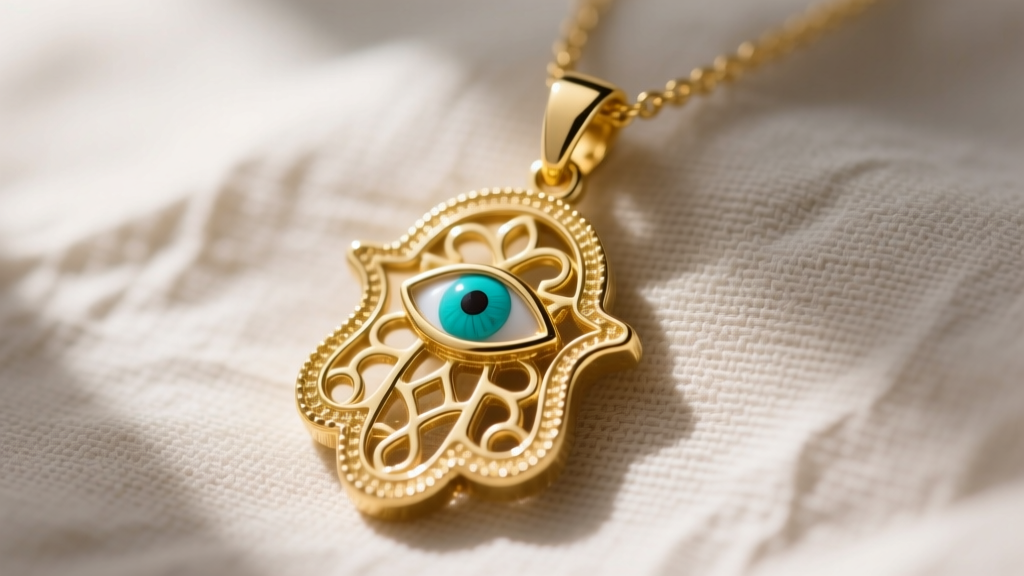 Close-up of a 14k solid gold hamsa necklace pendant with a central turquoise evil eye, resting on a neutral linen fabric background.