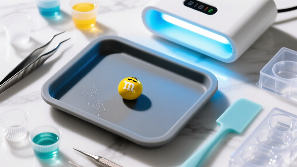 Top-down view of a silicone bezel tray holding a sealed yellow M&M, surrounded by UV resin tools, tweezers, and a glowing UV lamp.
