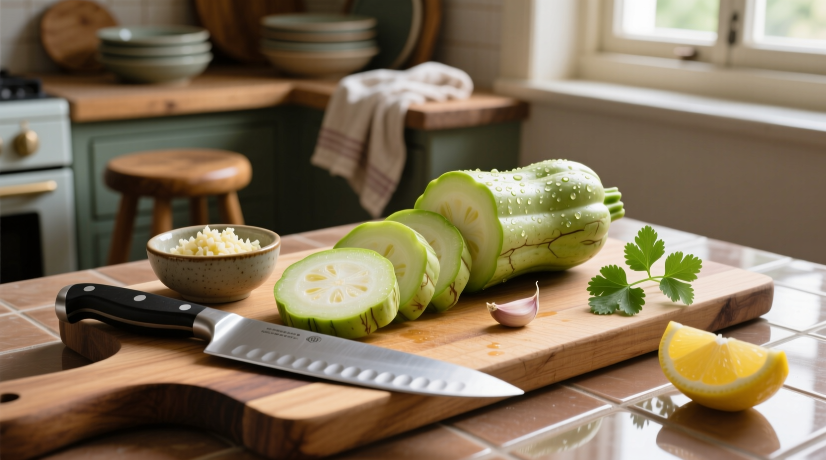 Sliced chayote squash on cutting board with preparation tools