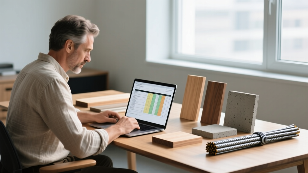 Architect reviewing a building material estimate spreadsheet next to lumber, concrete, and steel rebar samples on a desk