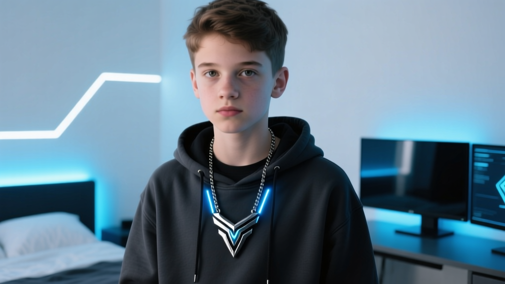 Teen gamer wearing a layered 18-inch black titanium gaming necklace over a dark hoodie, lit by soft blue LED room lighting.