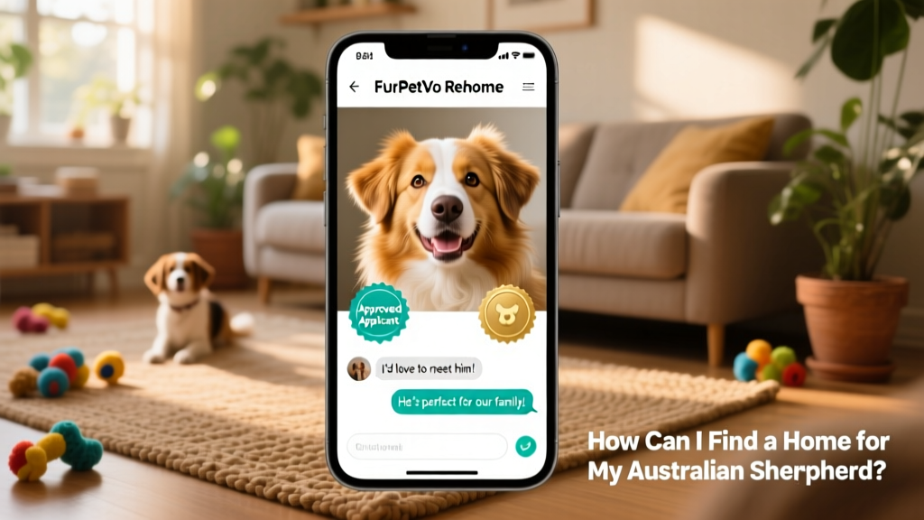Screenshot-style mockup of the FurPetVo Rehome dashboard showing a dog's profile with 'Approved Applicant' badges and messaging interface