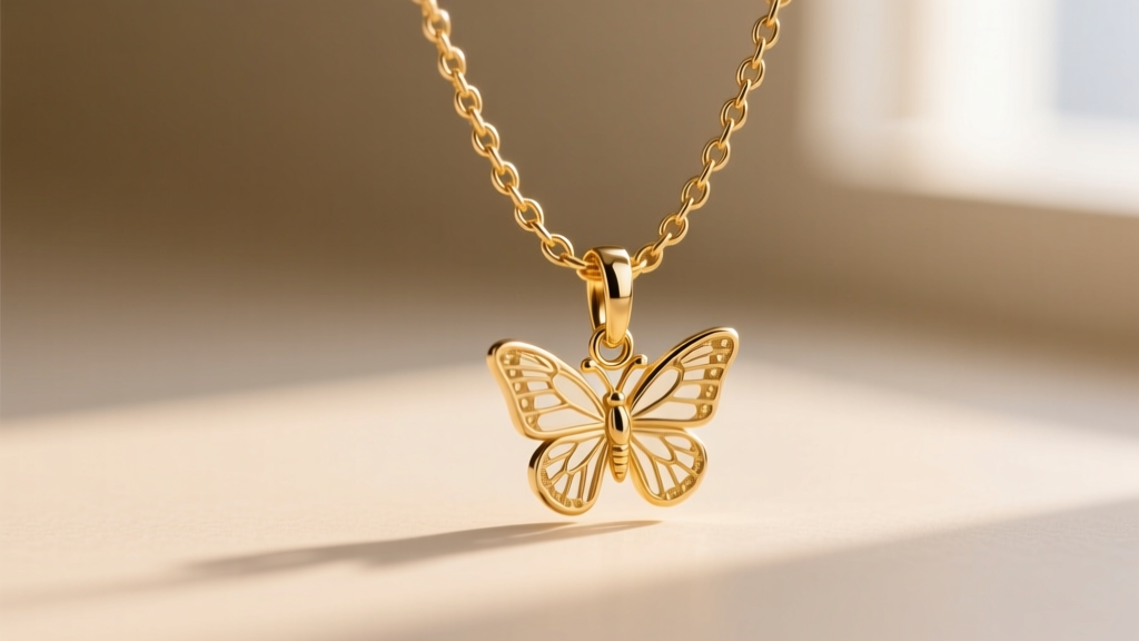 Extreme close-up of a lobster clasp and soldered jump ring on a delicate 14k gold rolo chain attached to a small butterfly pendant