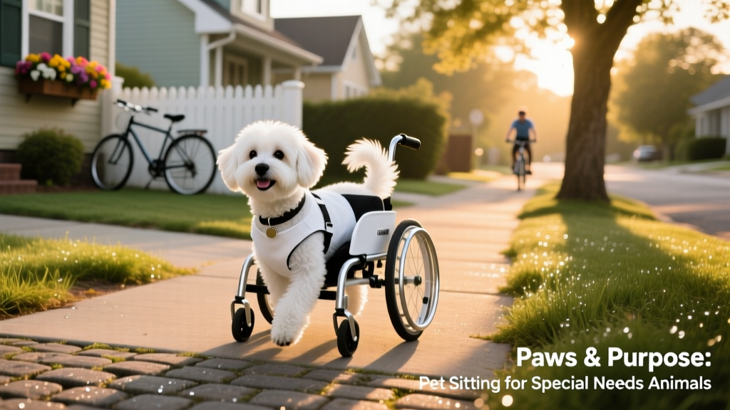 a small white dog using a custom-fitted wheelchair while walking calmly down a quiet neighborhood street