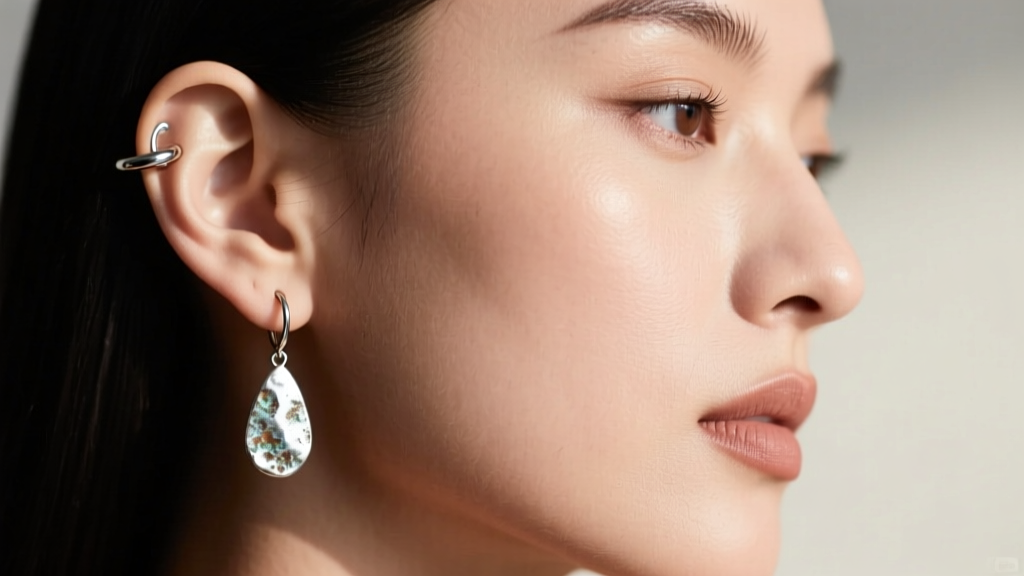 Profile of a woman with an ear curation featuring a 16-gauge titanium helix hoop and an oxidized silver drop earring in soft light