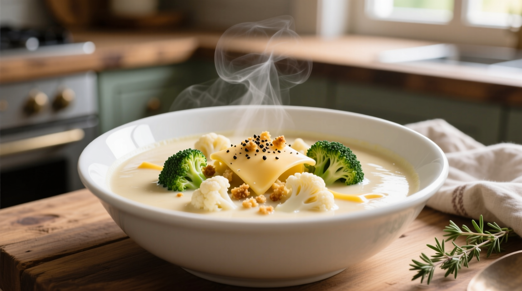 Creamy cheesy broccoli cauliflower soup in white bowl