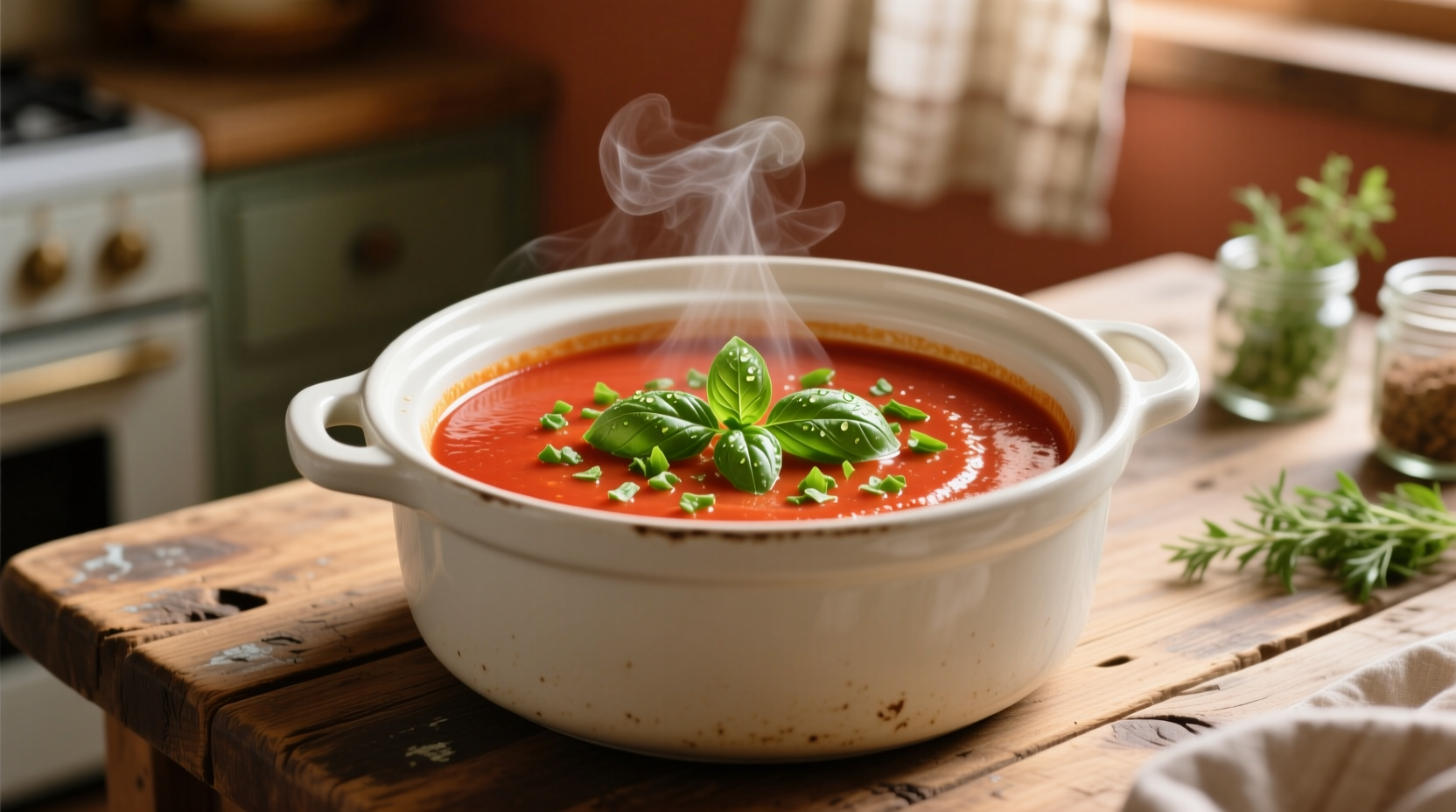 Creamy tomato soup in white crockpot with fresh basil garnish