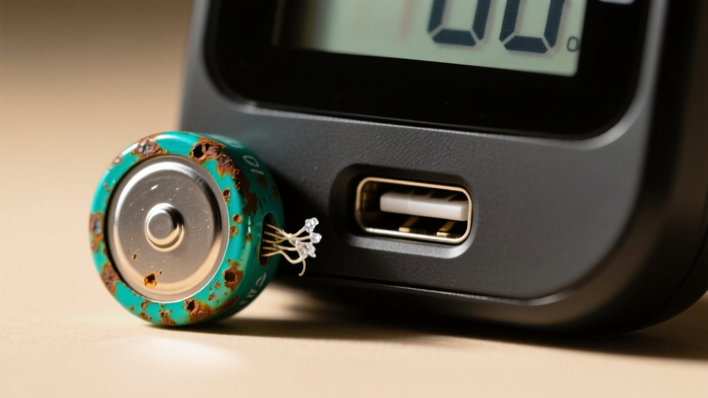 Macro shot of a corroded alkaline button battery leaking next to a pristine USB-C charging port on a modern digital kitchen thermometer