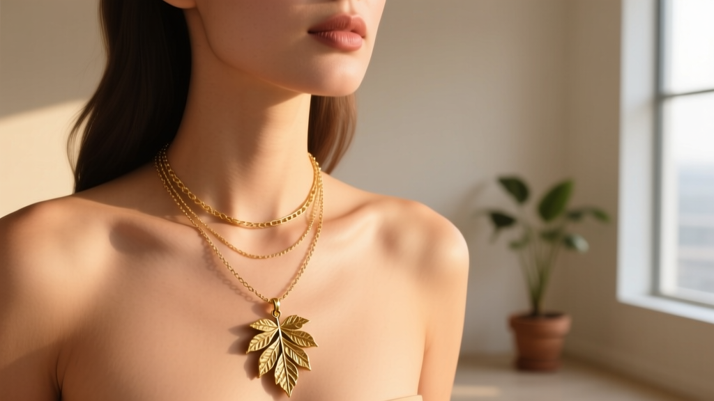 Woman wearing a layered stack with a 16-inch chain and an 18-inch pot leaf pendant, captured at the collarbone in warm daylight.