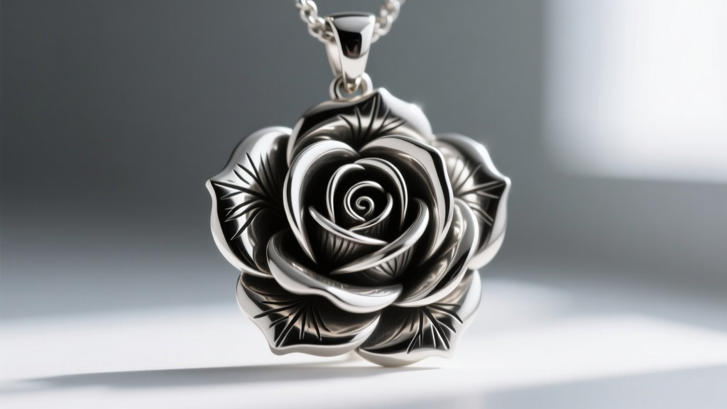 Close-up of a sterling silver necklace rose pendant showing detailed petals and dark oxidation trapped in the deep metal crevices
