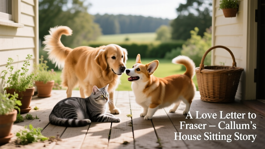 A joyful mix of pets — a grey cat curled beside three friendly dogs — resting on a rustic wooden porch