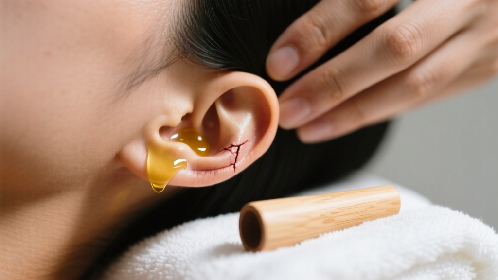 Hands massaging organic jojoba oil into a healed stretched earlobe, wooden tunnel resting nearby on a clean white cotton towel.