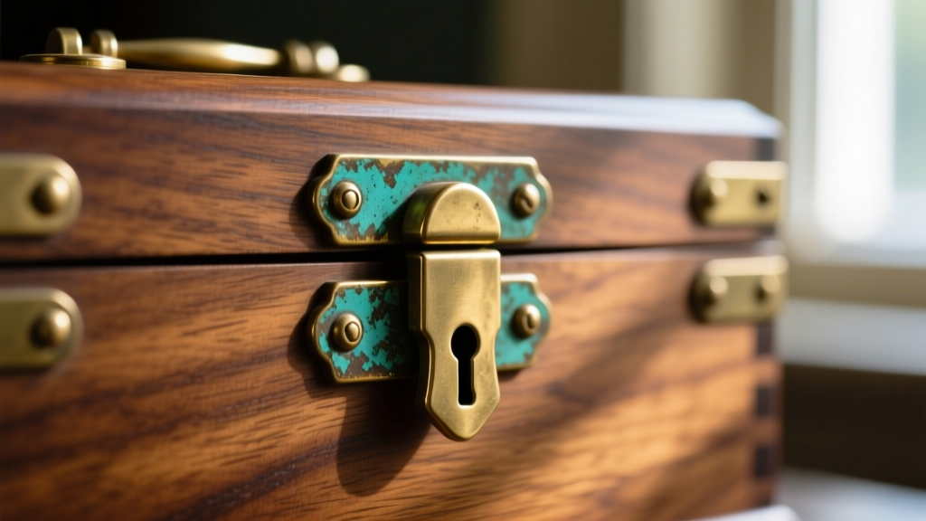 Macro close-up of original brass hinges and locking mechanism on a 1930s wooden Farrington jewelry box showing natural aged patina