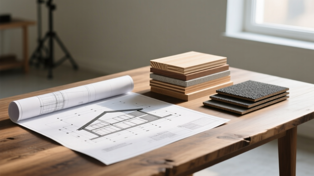 Architectural blueprints spread on a wooden table next to stacked samples of engineered lumber, fiber cement siding, and asphalt shingles