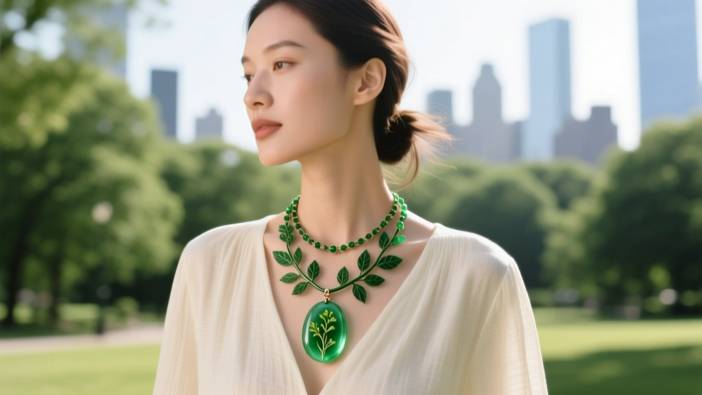 Woman wearing a layered botanical emerald necklace park style pendant over a cream linen blouse in soft natural window light.